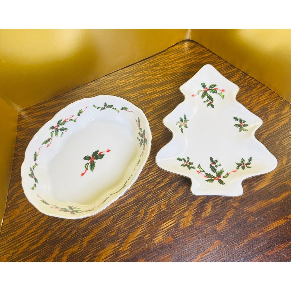 Vintage Lefton Christmas Candy Dishes - Set of 2 (Tree Shape & Scalloped Oval)